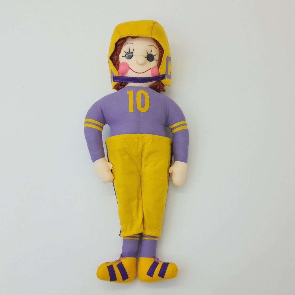 1960 Vintage Handmade Football Player Cloth Rag Doll Purple Yellow Scott 10